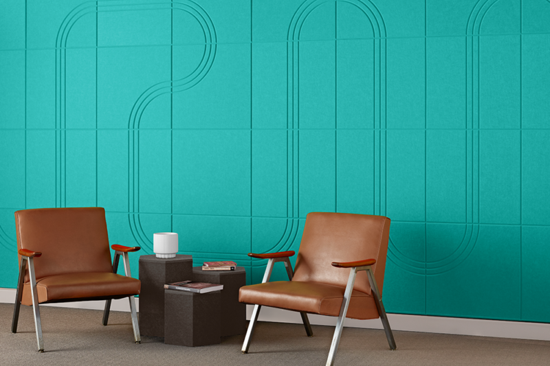 EchoTile Racetrack Shortcut Pattern in 325 Viridian Green shown with two chairs, tables, and a coat rack